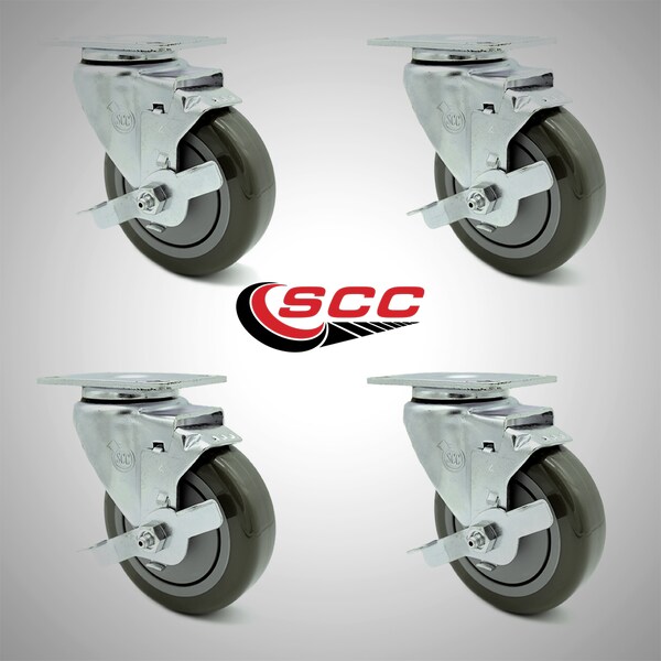 4 Inch SS Gray Polyurethane Swivel Top Plate Caster Set with Brake SCC
